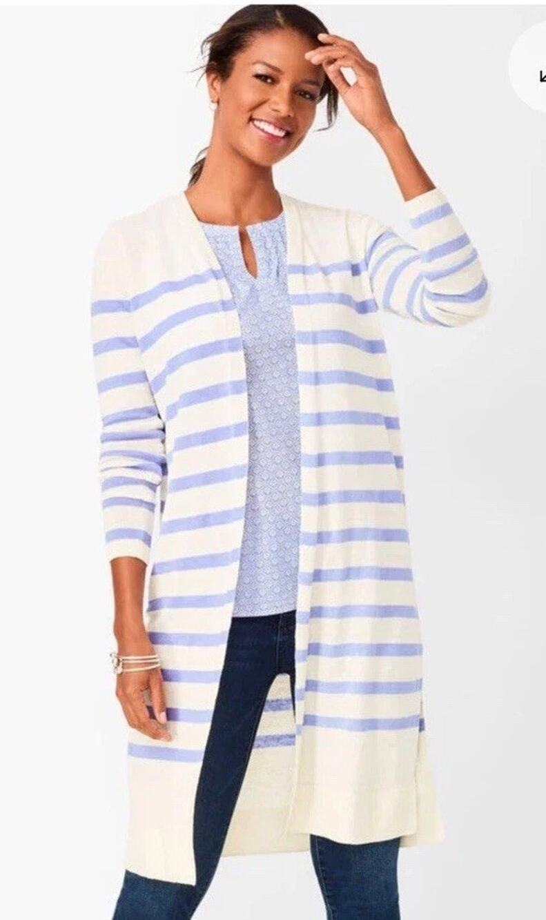 Talbots Long Open Cardigan Women’s L Lightweight 100% Linen Blue Stripe Coastal